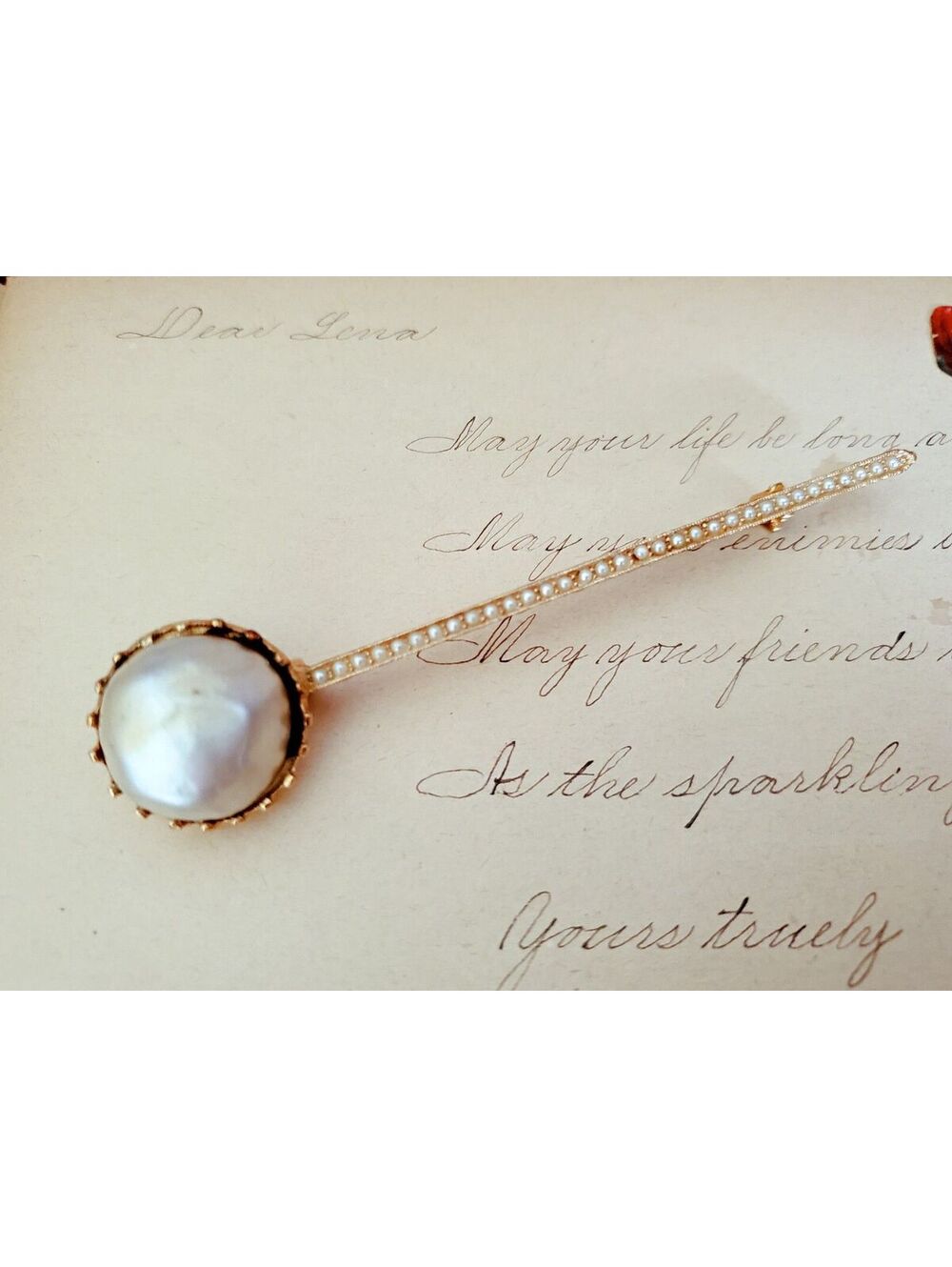 Vintage Antique Style Faux Pearl Stick Brooch Pin